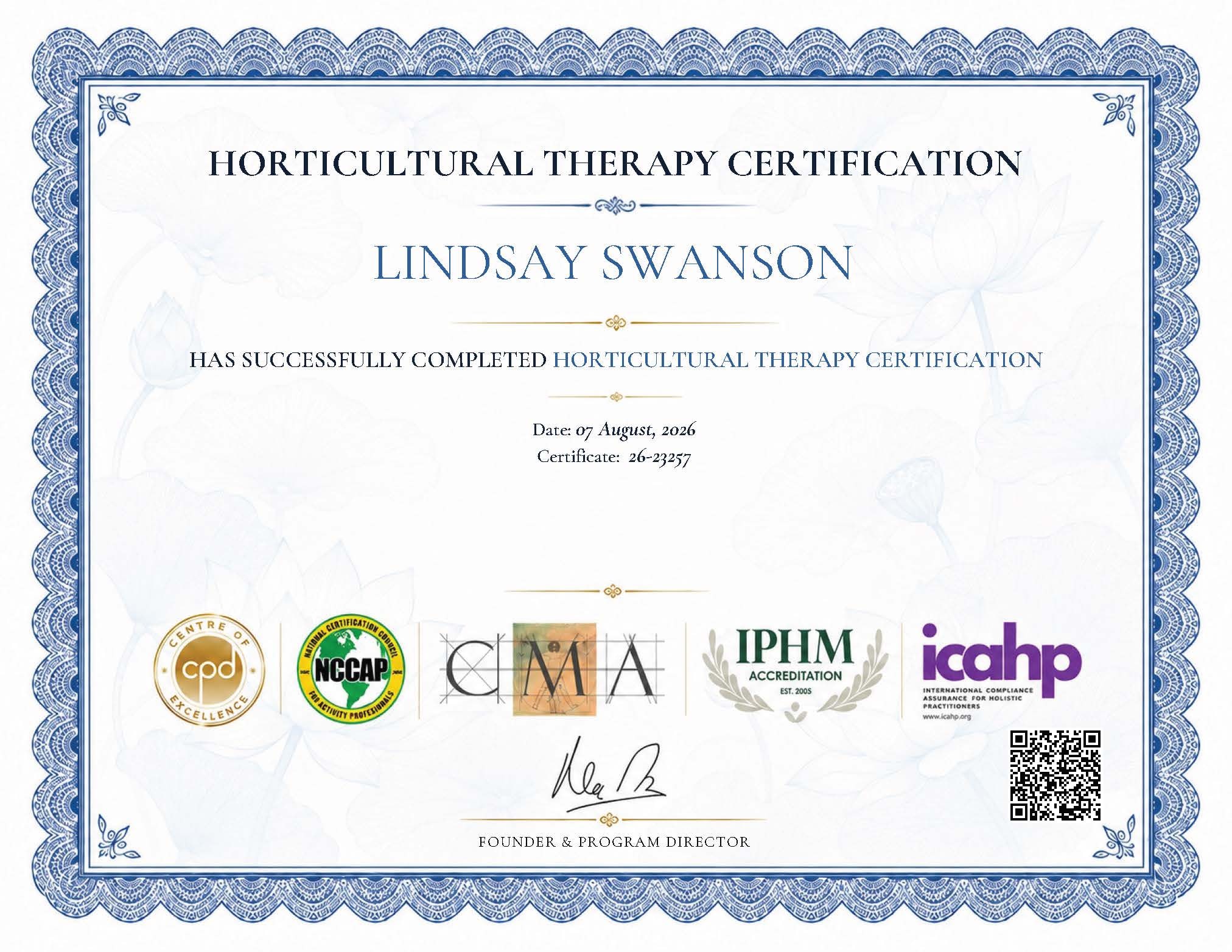 Lindsay Swanson's Horticultural Therapy Certification